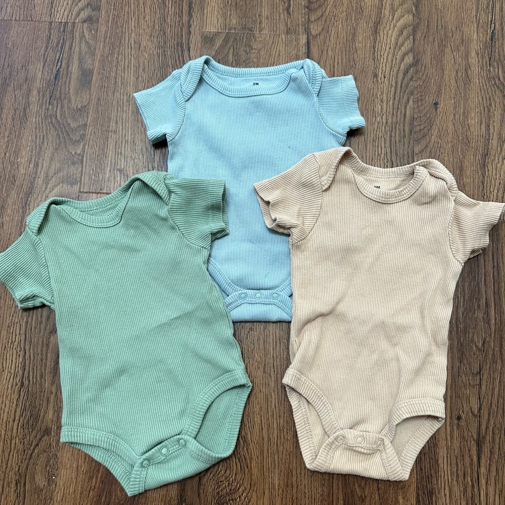Set of 3 Ribbed Baby One Pieces - Green, Blue, and Tan